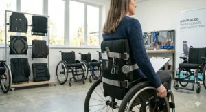 Rear view of a wheelchair backrest highlighting an integrated storage pocket for personal items.