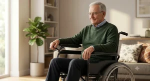 A technical diagram illustration detailing the engineered internal components, locking pins, and guide rail of a height-adjustable wheelchair armrest.