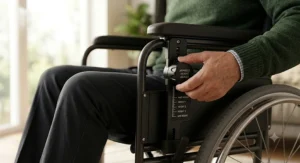 A photorealistic lifestyle image of an independent user seated and smiling, accessing the custom comfort of their adjustable height armrests during daily activity.