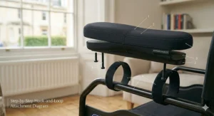 Step-by-step diagram showing the easy attachment of hook-and-loop armrest pads.
