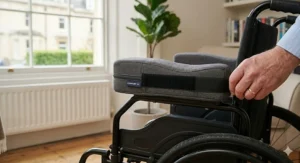 Close-up of Velcro straps securing wheelchair armrest pads to a chair frame.