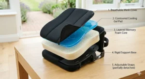 An exploded view illustration of the wheelchair back support cushion, showcasing the multi-layer construction including the breathable mesh, cooling gel pad, memory foam, and structural base.