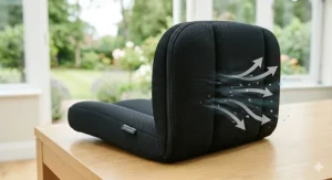 A photorealistic 4K macro photograph detailing the breathable 3D air-mesh fabric cover of the ergonomic wheelchair back support cushion, with a focus on the porous weave and fine stitching in natural daylight.