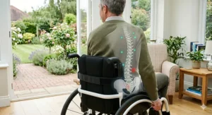 A photorealistic 4K close-up illustration demonstrating how the memory foam wheelchair back support cushion promotes correct spinal alignment and posture, with a spine illustration overlaid on a user in a conservatory setting.