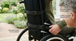 A 4K photorealistic close-up photograph illustrating the simple process of attaching and adjusting the security straps of the wheelchair back support cushion to a modern wheelchair frame.