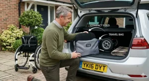 A photorealistic 4K photograph of a man placing a detached, compactly folded black wheelchair back support cushion into a travel bag in the boot of a silver hatchback car.