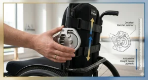 Close-up of the manual angle adjustment mechanism used to change the backrest tilt.