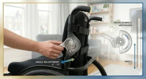 Detail of the remote clamp post and headrest attachment mechanism on an adjustable backrest.