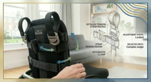 View of the quick-release mechanism and frame attachment hub for a removable backrest.