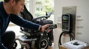 Accessible charging port setup for a long-range electric wheelchair battery.
