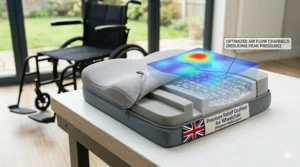 An illustration showing how a pressure relief cushion for a wheelchair aids in natural posture correction.