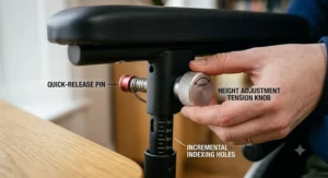 Diagram showing how a desk-length armrest facilitates a clear side transfer zone, using the armrest for leverage while moving between chairs.