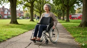A smiling wheelchair user navigating a public pathway, demonstrating how a lumbar support cushion maintains comfort and stability during outdoor travel on uneven surfaces.