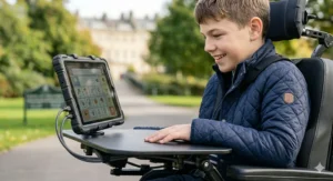 Electric wheelchair fitted with a mounting tray for an augmentative communication device or tablet.