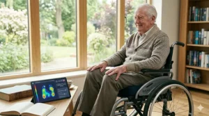 Wheelchair user demonstrating the comfort of a gel cushion during daily use.