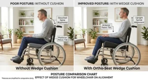 Comparison chart showing improved posture with and without a wedge cushion.