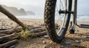 Wide, low-pressure balloon wheels designed for all terrain wheelchair use on soft sand.
