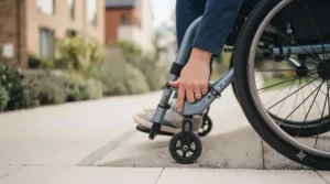 A person adjusting the height settings on a pair of foldable anti-tip bars for a wheelchair.