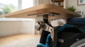 Close-up detail of the brushed metal adjustable mounting mechanism on a wheelchair lap tray, showing the tightening knob.