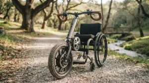 A hybrid handbike attachment with a rugged, deep-tread tyre fitted to a manual wheelchair, parked on a gravel path next to a running stream.