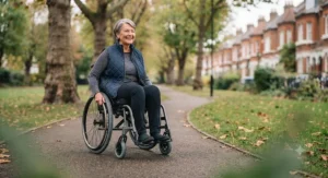 A woman sitting in her wheelchair on an autumn day, showing the comfort and confidence provided by reliable tyres.