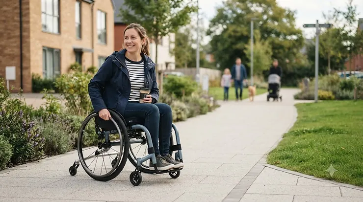 A wheelchair fitted with anti-tip bars to prevent backwards falls, safely positioned on a paved British street. anti-tip bars for wheelchair