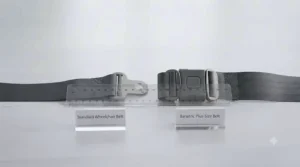 Size comparison showing the extended length and wider strap design of a bariatric wheelchair belt.