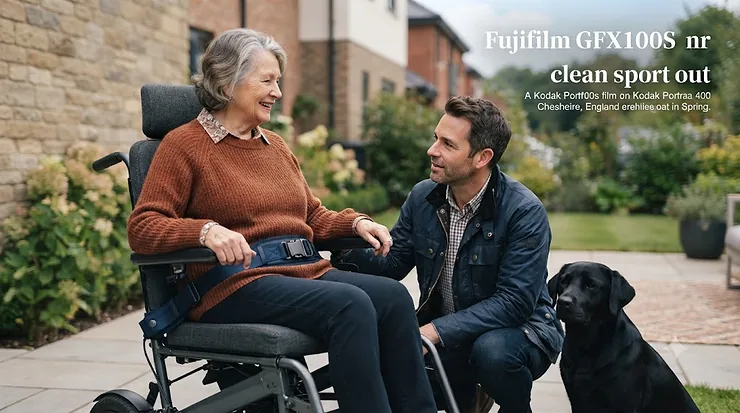 An elderly British woman in a modern electric wheelchair, fitted with a secure dark blue padded seatbelt, smiling at her kneeling son in a Cheshire garden. best wheelchair seatbelt