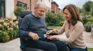 A smiling female carer in a garden setting fastens a secure lap belt for an elderly gentleman seated in a lightweight mobility wheelchair.