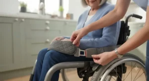 A care assistant fastening a quick-release wheelchair seatbelt for a service user prior to an outdoor journey.