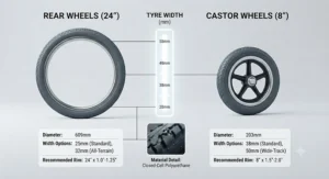An informative technical infographic detailing the dimensions and specifications for rear and castor wheelchair wheels.