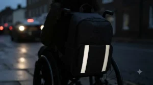 Focus on the padded shoulder straps of the wheelchair backpack bag for versatile carry options.