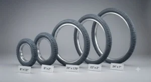 A studio display showing various sizes of wheelchair tyres and rims, clearly labelled to help users find the correct fit.