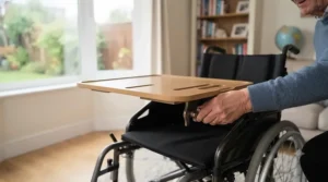 An elderly man adjusting the position of a wooden lap tray mounted to his modern wheelchair.