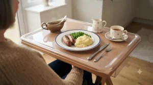 Dinner plate and teacup set out on a wooden full lap tray wheelchair for easy independent dining at home