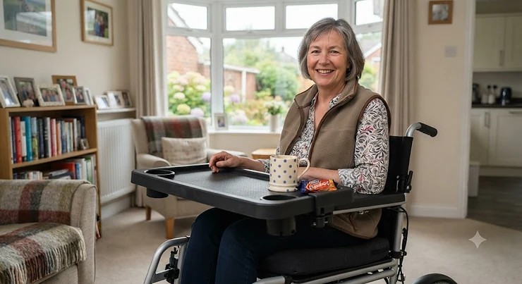 A sturdy cup holder tray attached to a wheelchair, providing a stable surface for a drink and daily essentials in a British home. cup holder tray wheelchair