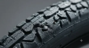 A high-detail shot of a puncture-proof tyre with debris embedded in the tread, illustrating its resistance to damage.