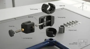 Close-up of the durable, weather-resistant material of the walking stick clip.