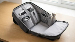 Demonstrating the adjustable, quick-release straps used to secure the backpack bag to a wheelchair frame.