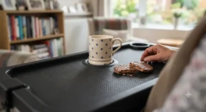 A detailed view of the smooth, easy-to-clean textured surface of the wheelchair tray for daily activities.