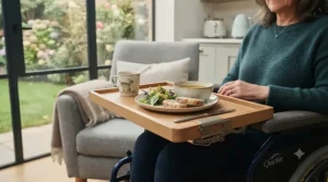 An ergonomic half tray for a wheelchair set with a cup and plate, ideal for comfortable dining at home or in a care facility.