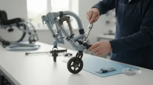 Step-by-step guide showing an Allen key being used to secure anti-tip bars to a wheelchair chassis.