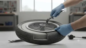 A mechanic using tools to install a foam-filled replacement tyre onto a wheel rim.
