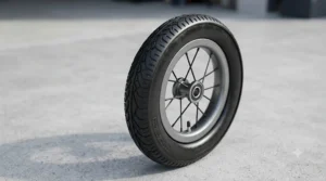 Close-up view of the robust tread design on a foam-filled wheelchair tyre.