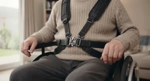 A four-point postural support harness fitted to a wheelchair to prevent forward sliding and upper body lean.