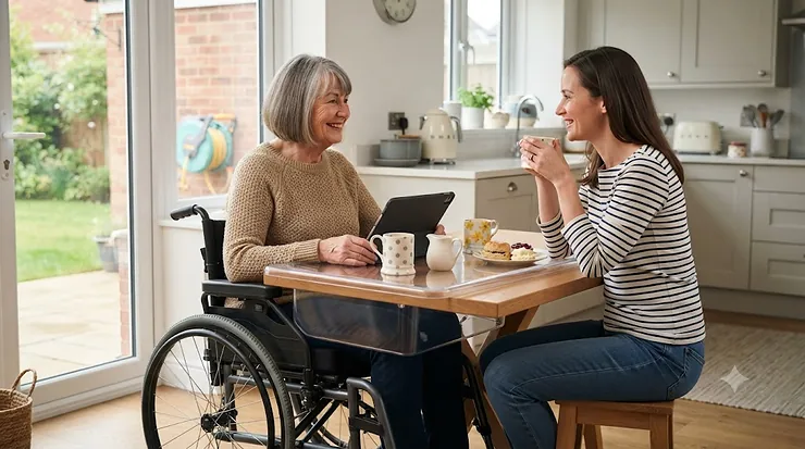 Person sitting in a manual wheelchair using a wooden full lap tray wheelchair attachment with a mug of tea in a British living room full lap tray wheelchair