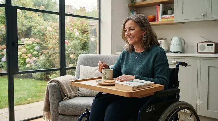 A secure, wooden half tray fitted to a wheelchair in a modern UK living room, providing a practical surface for daily activities. half tray for wheelchair