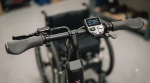 Close-up of the handlebar controls on a wheelchair handbike attachment, featuring a digital display screen, battery indicator, and a green power button.