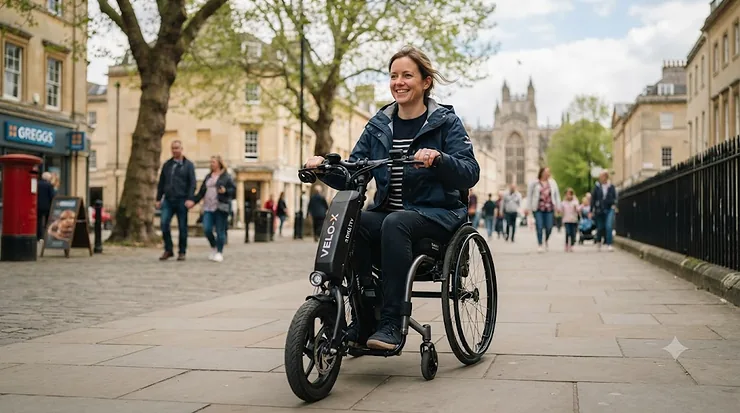 A person smiling whilst using an electric handbike attachment on their manual wheelchair to travel down a historic, cobbled UK high street. handbike attachment wheelchair