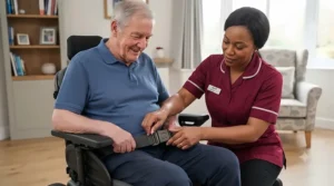 Durable, wipe-clean fabric texture of a heavy-duty wheelchair seatbelt for infection control compliance.